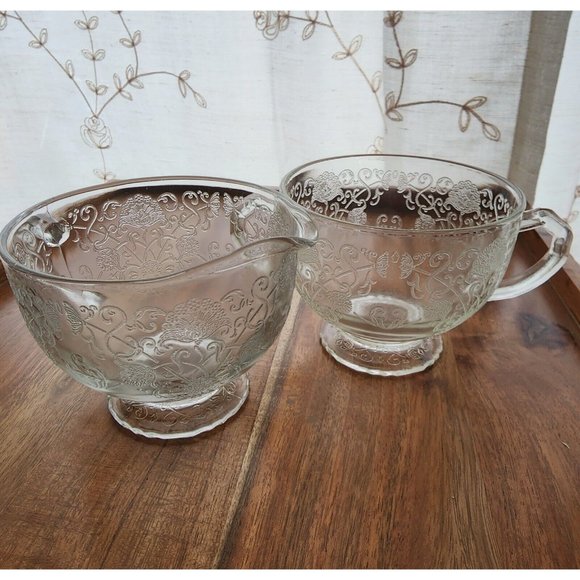 Hazel Atlas Florentine 1 Clear Sugar Creamer Set vintage Depression Glass poppy - Picture 1 of 10